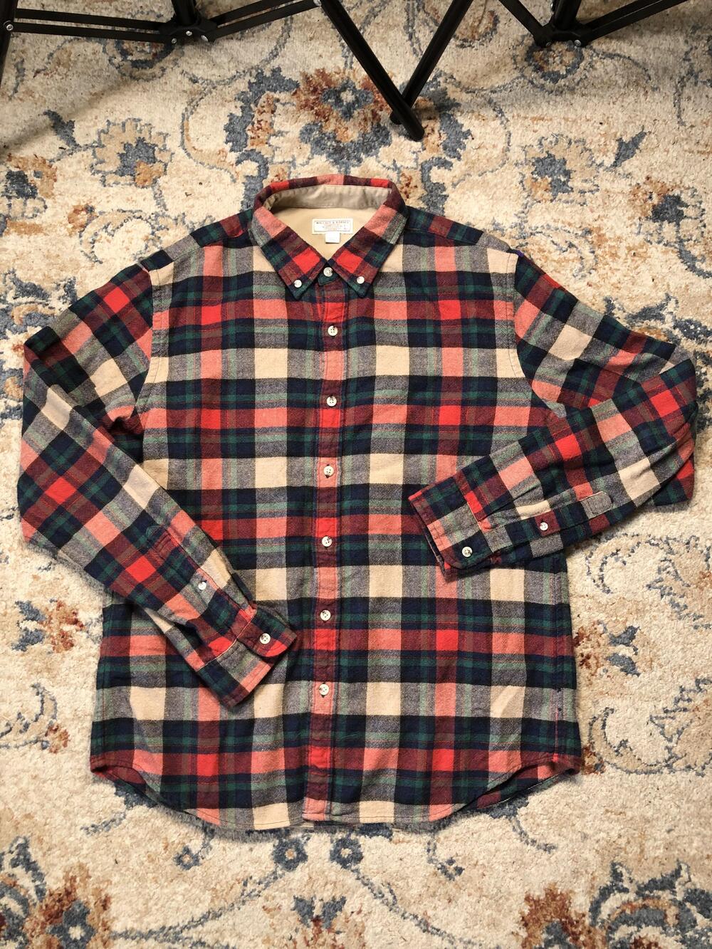 Wallace & Barnes Shirt Mens Large Red Green Blue Plaid Wool Blend Flannel Casual